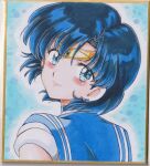  1girl bishoujo_senshi_sailor_moon blue_choker blue_eyes blue_hair blue_sailor_collar blush chikoto_(kztc4472) choker circlet commentary_request earrings highres jewelry looking_back magical_girl mizuno_ami sailor_collar sailor_mercury sailor_senshi_uniform short_hair solo traditional_media 