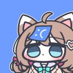  1girl absurdres animal_ears aqua_bow aqua_bowtie aqua_sailor_collar blue_background blue_eyes bow bowtie brown_hair cardigan cat_ears cat_girl closed_mouth frown hair_between_eyes hair_ornament highres looking_at_viewer miyaoo1224 neuro-sama neuro-sama_(1st_costume) o_o open_cardigan open_clothes sailor_collar shirt simple_background solo sticky_note upper_body vedal_ai white_shirt 