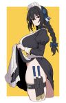  1girl absurdres apron ass belt black_eyes black_hair blue_bow blue_flower bow braid braided_ponytail breasts closed_mouth commentary_request flower flower_request formicid from_side hair_bow hair_flower hair_ornament highres holding_own_dress juliet_sleeves knife korean_commentary large_breasts long_hair long_sleeves looking_at_viewer maid maid_apron maid_headdress no_panties original puffy_sleeves sheath sheathed side_slit skindentation smile solo thick_thighs thigh_belt thigh_sheath thigh_strap thighs white_apron white_background yellow_background 