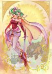 1girl absurdres armpit_crease artist_name bare_shoulders blue_eyes border breasts cape cleavage detached_sleeves dress earrings english_commentary final_fantasy final_fantasy_vi floating_cape floating_hair full_body gold_shoes gradient_cape green_hair hair_between_eyes hair_ribbon high_heels high_ponytail highres holding holding_sword holding_weapon jewelry long_hair long_sleeves magitek_armor ornate_border outside_border pantyhose parted_bangs pink_sash ponytail print_pantyhose red_dress red_sleeves ribbon roxe_(ro_x_e) sash shoes sidelocks solo stiletto_heels strapless strapless_dress sword terra_branford tube_dress turning_head waist_sash watermark weapon yellow_cape 