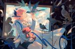  1boy arknights bare_tree bird bird_on_hand black_shorts blue_eyes blue_ribbon branch chinese_commentary cloud coat commentary_request feather_hair feet_out_of_frame hand_up head_wings highres holding holding_stuffed_toy jacket long_sleeves looking_at_animal male_focus open_clothes passenger_(arknights) passenger_(young)_(arknights) picture_frame pink_hair profile ribbon shirt short_hair shorts sitting sky smile solo stuffed_animal stuffed_toy sui_(blackcatsui_yoi) teddy_bear tree white_coat white_shirt wings 