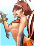  animal_ears antenna_hair bare_shoulders blazblue blush breasts brown_eyes brown_hair crop_top dual_wielding fingerless_gloves gloves highleg highleg_panties holding large_breasts makoto_nanaya microskirt midriff navel one_eye_closed orange_skirt panties ranchuu_(akamusume) revealing_clothes short_hair skirt solo squirrel_ears squirrel_tail tail tonfa underboob underwear weapon 