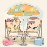  animal beach_umbrella bear bird blush chair chiikawa closed_eyes coconut commentary_request cooler cup drink drinking drinking_glass drinking_straw eating eyewear_on_head flower food fruit heart heart-shaped_eyewear holding holding_cup ice_cream kuri_manjuu_(chiikawa) lounge_chair nagasode_(nagasode0123) no_humans scar shisa_(chiikawa) simple_background sitting sunglasses table towel towel_around_neck umbrella 