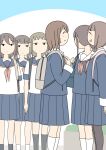  6+girls :d ^_^ aki_(juukyuu) azusa_(juukyuu) backpack bag blue_background blue_sailor_collar blue_serafuku blue_shirt blue_skirt blush brown_hair brown_pantyhose chihiro_(juukyuu) closed_eyes closed_mouth commentary_request grey_socks juukyuu long_hair long_sleeves multiple_girls mutsumi_(juukyuu) neckerchief one_side_up original pantyhose pink_neckerchief pleated_skirt profile riko_(juukyuu) sailor_collar school_uniform serafuku shirt short_sleeves skirt small_sweatdrop smile socks solid_circle_eyes standing sweat two-tone_background white_background white_sailor_collar white_shirt white_socks yuu_(juukyuu) 
