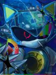 1boy animal_ears armor black_sclera blue_armor cat_ears colored_sclera cyan_paper02 fake_animal_ears helmet highres humanoid_robot looking_at_viewer male_focus metal_sonic no_humans no_mouth non-humanoid_robot one-eyed red_eyes robot screen see-through_body see-through_clothes solo sonic_(series) sparkle twitter_username upper_body 