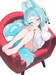  1girl animal_ears aqua_eyes aqua_hair bare_shoulders barefoot beret black_panties black_shirt chair commentary dress hat head_tilt heart highres hoshi_usagi interlocked_fingers light_blush looking_at_viewer mercedes_(hoshi_usagi) multicolored_hair original panties shirt short_dress short_hair simple_background sitting_sideways sleeveless sleeveless_shirt solo strapless strapless_dress streaked_hair tail thick_eyebrows toes underwear white_background white_dress white_hat 