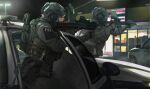  1boy 1other 7-eleven aiming ammunition ammunition_pouch ar-15 assault_rifle backpack bag black_gloves bulletproof_vest bullpup car closed_mouth combat_helmet convenience_store cowboy_shot dark_skin eotech fbi from_side glock gloves goggles grey_jacket grey_pants gun handgun headset helmet highres holding holding_weapon holster jacket kel-tec_ksg lamppost lossy-lossless male_focus maxturbo69 military motor_vehicle night night_vision_device original pants police_car pouch pump_action rifle scope shop shotgun shotgun_shell solo_focus stitched supermarket tactical_clothes tactical_gloves third-party_source weapon white_hair 