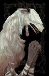 2022 anthro antlers bandage bandaged_arm beast_(bloodborne) blood blood_stain bloodborne bodily_fluids canid clasped_hands covered_eyes digital_drawing_(artwork) digital_media_(artwork) female fromsoftware fur hi_res horn long_hands mammal praying seaquestions snout solo sony_corporation sony_interactive_entertainment teeth vicar_amelia whisker_spots white_body white_fur