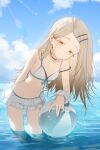  1girl absurdres ball beachball bikini blue_sky cloud collarbone colored_eyelashes commentary_request day earrings frilled_bikini frills gakuen_idolmaster hair_ornament hairclip highres holding holding_ball holding_beachball idolmaster jewelry long_hair looking_at_viewer nanmokamo114 ocean orange_eyes outdoors parallel_hairclips scrunchie shinosawa_hiro skinny sky smile solo stud_earrings swimsuit water white_bikini wrist_scrunchie 