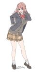  1girl absurdres blush bow breasts brown_hair brown_shoes brown_skirt collared_shirt commentary_request grey_jacket highres jacket leaning_forward long_hair long_sleeves looking_at_viewer medium_breasts open_mouth original pleated_skirt purple_eyes red_bow school_uniform shirt shoes simple_background skirt smile socks solo unasaka_ryou white_background white_shirt white_socks 