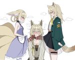  3girls ? animal_ear_fluff animal_ears arknights bar_censor beanstalk_(arknights) black_skirt blonde_hair blue_dress blush braid breasts brown_hair censored cleavage closed_eyes clothes_lift dog_ears dog_girl dog_tail dress erection fox_ears fox_girl fox_tail futa_with_female futanari green_jacket hairband highres infection_monitor_(arknights) jacket long_hair long_sleeves looking_at_penis medium_breasts multiple_girls open_clothes open_jacket pantyhose penis penis_awe podenco_(arknights) red_eyes shirt simple_background skirt small_breasts suzuran_(arknights) tail thigh_strap white_background white_shirt yeywlw 