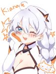  1girl :d ;d ahoge blue_eyes bodysuit braid breasts character_name cleavage cleavage_cutout clothing_cutout hand_on_own_cheek hand_on_own_face honkai_(series) honkai_impact_3rd kiana_kaslana kiana_kaslana_(white_comet) large_breasts long_hair looking_at_viewer one_eye_closed open_mouth ottotto_1564 simple_background smile solo twin_braids upper_body white_background white_bodysuit white_hair 