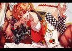 1boy ace_trappola commentary_request facial_mark grin hand_on_own_face happy_birthday head_rest heart heart_facial_mark heartslabyul_dorm_uniform jacket letterboxed long_sleeves looking_at_viewer male_focus open_clothes open_jacket orange_hair pants red_eyes shirt short_hair sitting smile solo tako86734108 twisted_wonderland vest waistcoat white_pants white_shirt 