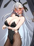  1girl animal_ears asymmetrical_bangs bare_shoulders black_leotard blush bow bowtie braid breasts brown_pantyhose cleavage commentary_request covered_navel curtains detached_collar earrings fake_animal_ears fate/grand_order fate_(series) fishnet_pantyhose fishnets grey_hair highleg highleg_leotard highres hoop_earrings jewelry large_breasts leotard long_hair looking_at_viewer mcpc_zamurai olga_marie_animusphere open_mouth orange_eyes pantyhose partial_commentary playboy_bunny rabbit_ears rabbit_tail side_braid solo_focus tail thighs wrist_cuffs 