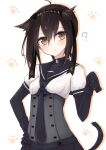  1girl ? bad_id bad_twitter_id bell black_bodysuit black_hair black_neckerchief black_skirt blush bodysuit breasts brown_eyes cat_tail clothes_writing commentary_request hachimaki hair_between_eyes hair_flaps hand_on_own_hip hatsuzuki_(kancolle) headband kantai_collection laplusvv_(la+) neck_bell neckerchief paw_pose paw_print pleated_skirt sailor_collar school_uniform serafuku simple_background skirt small_breasts solo tail white_background 