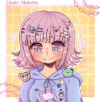  1girl ?_block alternate_costume amyaniii artist_name badge bandaid bisexual_flag bisexual_flag_pin blue_hoodie blush border button_badge chain character_hair_ornament character_name closed_mouth colored_sclera commentary danganronpa_(series) danganronpa_2:_goodbye_despair decora eyelashes grid grid_background hair_ornament hairclip heart heart_hair_ornament heart_in_eye hello_kitty hello_kitty_(character) highres hood hood_down hoodie mario_(series) multiple_hairclips nanami_chiaki notice_lines outline parallel_hairclips pink_hair pink_pupils pink_sclera portrait purple_eyes rectangular_eyes rectangular_pupils sanrio short_hair smile solo split_mouth star_(symbol) star_in_eye symbol_in_eye the_legend_of_zelda too_many_hair_ornaments triforce white_background white_border white_outline yellow_background 