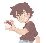  1boy ash_ketchum belt black_belt black_hair black_shirt blue_pants brown_eyes commentary english_commentary grin highres holding holding_poke_ball kiana_mai lichtenberg_figure lightning_scar male_focus pants poke_ball poke_ball_(basic) pokemon pokemon_(anime) scar scar_on_arm scar_on_hand shirt shirt_tucked_in simple_background smile solo t-shirt upper_body v-shaped_eyebrows white_background 