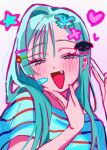  1girl 7eiaq3939 :d absurdres alien_stage aqua_eyes aqua_hair bandaid bandaid_on_face commentary_request fang grey-haired_girl_(alien_stage) hair_ornament hairclip half-closed_eyes heart highres long_hair open_mouth portrait shirt single_hair_intake smile solo star_(symbol) striped_clothes striped_shirt 