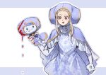  1girl anger_vein blonde_hair blood braid cape character_doll commentary doll dress elbow_gloves english_commentary gloves hat highres implied_after_fight implied_murder ingrid_(capcom) monoid_(street_fighter) open_mouth puppet red_eyes smile solo street_fighter street_fighter_6 white_gloves yumi_xsh 