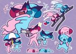  +++ :< :d alternate_color carrying character_doll cherryd00mer closed_eyes closed_mouth colored_skin doll frown gun happy highres holding holding_gun holding_knife holding_umbrella holding_weapon hug knife lying motion_lines mr._blue_(rhythm_tengoku) ms._pink no_humans on_head on_shoulder on_stomach open_mouth outline pink_skin purple_background rhythm_tengoku rhythm_tengoku_miracle_stars shoulder_carry simple_background smile solid_circle_eyes standing sunglasses teruterubouzu umbrella umbrella_performer_(rhythm_tengoku) weapon white_outline windshield 
