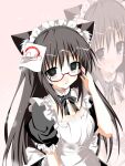  1girl 2000s_(style) :3 adjusting_eyewear animal_ears apron black_bow black_bowtie black_eyes black_hair blue_archive blush bow bowtie breasts cat_ears character_request chibuny1 cleavage copyright_request doodle_sensei_(blue_archive) female_sensei_(blue_archive) frilled_apron frills genderswap genderswap_(mtf) glasses highres long_hair maid maid_apron maid_headdress medium_breasts puffy_short_sleeves puffy_sleeves red-framed_eyewear sensei_(blue_archive) short_sleeves solo sweatdrop zoom_layer 