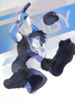  1boy absurdres animal_hands black_socks blue_hair furry furry_male gun handgun highres male_focus n16_furry original rabbit socks weapon 
