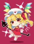  1girl :3 ascot blonde_hair blush bow chibi chibi_only closed_mouth collared_shirt commentary_request crystal crystal_wings flandre_scarlet frilled_shirt_collar frills full_body hat hat_bow highres holding holding_weapon laevatein_(touhou) long_hair looking_at_viewer mob_cap multicolored_wings one_side_up puffy_short_sleeves puffy_sleeves red_background red_bow red_eyes red_skirt red_vest ruhika shirt short_sleeves simple_background skirt skirt_set smile smug solo touhou twitter_username vest weapon white_hat white_shirt wings yellow_ascot 
