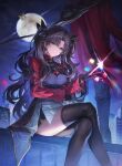  1boy 1girl aqua_eyes archer_(fate) archer_(honkai:_star_rail)_(fate) asymmetrical_legwear bat_(animal) black_choker black_gloves black_hair black_pantyhose black_ribbon black_shirt black_thighhighs bow_(weapon) breasts cape chain chain_necklace choker closed_mouth commentary crossed_legs earrings fate/stay_night fate/unlimited_blade_works fate_(series) full_moon gem gloves gold_earrings hair_between_eyes hair_ribbon hands_up highres holding holding_bow_(weapon) holding_weapon honkai:_star_rail honkai_(series) hoop_earrings jacket jewelry large_breasts long_hair long_sleeves looking_at_viewer moon necklace night open_clothes open_jacket outdoors pantyhose parted_bangs pendant red_cape red_gem red_jacket ribbon rin's_pendant_(fate) shirt skirt sky smile solo_focus sparkle standing thighhighs togo_111 tohsaka_rin tohsaka_rin_(honkai:_star_rail) two_side_up uneven_legwear very_long_hair waist_cape wavy_hair weapon white_skirt 