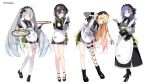  4girls ahoge amber_(stella_sora) apron black_boots black_hair black_shoes blonde_hair blue_eyes boots closed_mouth commentary_request cup drinking_glass female_tyrant_(stella_sora) frilled_thigh_strap gradient_hair grey_hair high_heel_boots high_heels highres iris_(stella_sora) loafers long_hair long_sleeves looking_at_viewer multicolored_hair multiple_girls nikuya_mugi noya_(stella_sora) official_art parted_lips pink_hair pointy_ears polka_dot_gloves purple_hair red_eyes sample_watermark shoes short_hair simple_background single_fishnet_legwear smile standing stella_sora teacup thigh_strap thighhighs tray tyrant_(stella_sora) v very_long_hair watermark white_apron white_background white_thighhighs yellow_eyes 