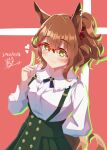  1girl absurdres animal_ears aston_machan_(casual)_(umamusume) aston_machan_(umamusume) blush breasts brown_hair casual closed_mouth commentary_request ear_scrunchie glasses green_eyes green_skirt hair_ornament hair_scrunchie heart highres horse_ears horse_girl horse_tail long_sleeves looking_at_viewer mashiroken07 medium_breasts medium_hair one_side_up over-rim_eyewear red-framed_eyewear red_scrunchie scrunchie semi-rimless_eyewear shirt skirt smile solo suspender_skirt suspenders tail umamusume white_shirt 