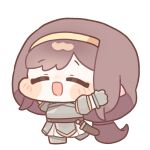  1girl blush_stickers brown_hair chibi chibi_only closed_eyes commentary_request dress full_body gloves grey_dress grey_gloves grey_shoes hairband highres korean_commentary long_hair low_ponytail open_mouth outstretched_arms pogpagwaeng pointy_ears ponytail rohne_(trickcal) shoes short_sleeves sidelocks simple_background solo spread_arms standing standing_on_one_leg trickcal very_long_hair white_background yellow_hairband 