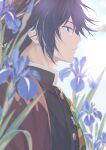  1boy absurdres black_hair black_shirt blue_flower blue_sky buttons closed_mouth cloud cloudy_sky collared_shirt commentary day demon_slayer_uniform eyelashes flower from_side grass green_haori gytndisk_phi hair_between_eyes haori high_collar highres japanese_clothes kimetsu_no_yaiba long_hair long_sleeves looking_to_the_side male_focus outdoors purple_eyes red_haori shirt sidelocks sky solo tomioka_giyuu untranslatable_commentary upper_body 