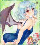 3girls :t adjusting_clothes adjusting_swimsuit adversarial_noise alternate_costume alto2019 apron ass bat_wings beret black_bow black_ribbon blue_dress blue_hair blue_one-piece_swimsuit bow braid closed_eyes closed_mouth collared_shirt commentary_request dress green_bow green_hat green_ribbon green_vest grey_hair hair_bow hat hat_ornament highres holding holding_umbrella hong_meiling izayoi_sakuya long_hair looking_at_viewer maid maid_headdress marker_(medium) medium_hair missing_headwear multiple_girls neck_ribbon one-piece_swimsuit orange_hair pinafore_dress pointy_ears pout qr_code red_eyes remilia_scarlet ribbon school_swimsuit shirt signature sleeveless sleeveless_dress smile solo_focus star_(symbol) star_hat_ornament swimsuit touhou traditional_media translation_request twin_braids umbrella vest waist_apron watermark white_apron white_shirt wings 