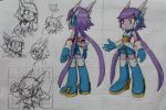  arm_guards black_nose blue_boots blue_gloves blue_shorts boots chinese_knot dragon_girl dragon_horns earphones freedom8oekaki freedom_planet freedom_planet_2 front_and_back furry furry_female gloves highres horns long_hair pink_eyes purple_hair sash_lilac short_tail shorts tail traditional_media twintails water_dragon 