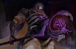  1boy absurdres cape commentary cracked_mask energy_ball from_below glowing glowing_eyes groooonz_draw highres holding holding_staff looking_at_viewer looking_down omnic overwatch ramattra_(overwatch) robot solo staff standing 