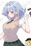  1girl absurdres alternate_hair_length_(shorter) animalization bang_dream! bang_dream!_it's_mygo!!!!! blue_hair blush breasts brown_sweater_vest chain's commentary diagonal-striped_clothes diagonal-striped_necktie dog english_commentary green_necktie green_skirt hair_ribbon haneoka_school_uniform highres indoors medium_breasts medium_hair misumi_uika necktie open_mouth plaid_clothes plaid_skirt purple_eyes ribbon school_uniform shirt simple_background skirt sparkle striped_clothes striped_necktie sweater_vest togawa_sakiko white_background white_shirt yellow_eyes 
