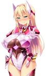  1girl 3: ayazaki_shizuku blonde_hair blue_eyes blush breasts closed_mouth covered_navel covered_nipples cowboy_shot elbow_gloves embarrassed game_asset gloves glowing green_eyes half-closed_eyes hand_on_own_hip headgear large_breasts large_variant_set legs_together leotard long_hair looking_at_viewer magical_girl neon_trim non-web_source nose_blush official_art outstretched_arm outstretched_hand satou_kuuki self-datamine shiny_clothes simple_background skin_tight solo soukou_seiki_ysphere standing sweatdrop tachi-e thighhighs transparent_background v-shaped_eyebrows variant_set white_background white_gloves ys_flare 