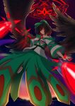  1girl absurdres alternate_costume bare_shoulders bird_wings black_boots black_feathers black_hair boots bow breasts chest_eye closed_mouth clothing_cutout commentary_request elbow_cutout energy_beam feathers from_below full_body gauntlets green_bow green_skirt hair_bow highres long_sleeves magic medium_breasts medium_hair mitomito1226 red_eyes reiuji_utsuho sigil skirt solo third_eye touhou tunic underboob underboob_cutout white_tunic wide_sleeves wings 