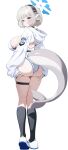  1girl absurdres ass black_eyes black_socks blue_archive blue_halo breasts cetacean_tail commentary curvy fins fish_tail full_body grey_hair halo headphones highres hooded_shrug huge_breasts kneehighs kotone_(blue_archive) looking_at_viewer looking_back mole mole_under_eye od_sey one-piece_swimsuit round_eyewear short_hair shrug_(clothing) simple_background skindentation socks solo swimsuit tail thigh_strap two-tone_one-piece_swimsuit white_background white_one-piece_swimsuit white_shrug 