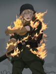  1girl burning commentary_request commission eyes_visible_through_hair fire flamethrower gloves hayuha1203 helmet highres holding holding_flamethrower holding_weapon long_hair military_uniform original skeb_commission solo sweatdrop weapon 