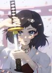  1boy absurdres arm_up black_hair black_ribbon blue_eyes commentary drawing_sword falling_petals floating_clothes floating_hair hair_ornament hairclip hand_up highres holding holding_sheath holding_sword holding_weapon jack_(lsl4220) japanese_clothes katana kimono looking_at_viewer male_focus medium_hair miko neck_ribbon outdoors parted_lips petals pink_petals ribbon scabbard science_adventure sheath skull_hair_ornament solo steins;gate straight-on sword torii trap upper_body urushibara_luka weapon white_kimono wide_sleeves wind 