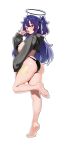  1girl absurdres ankle ass back barefoot bikini black_bikini black_jacket blue_archive blue_eyes blue_hair blue_nails blush breasts candy commentary cropped_jacket feet food food_in_mouth from_side hair_intakes halo hand_on_own_leg highleg highleg_bikini highres holding holding_candy holding_food holding_lollipop hood hood_down hooded_jacket jacket large_breasts leg_tattoo lollipop lollipop_in_mouth long_hair long_sleeves looking_at_viewer lying mcbox nail_polish on_back sideboob simple_background soles solo standing standing_on_one_leg star_(symbol) star_tattoo swimsuit tattoo tiptoes toes two_side_up untranslatable_commentary white_background yuuka_(blue_archive) 