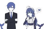  1boy 1girl ? ahoge animal_ears apron blue_eyes blue_hair butler chinese_commentary commentary_request crossed_arms deepseek deepseek-tan dress fins fish_tail food formal_clothes head_fins highres long_hair long_sleeves maid maid_apron maid_headdress necktie shark_tail simple_background speech_bubble suit tail thinking thought_bubble white_background xiaoye_hokai 
