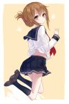  1girl back bad_id bad_twitter_id black_sailor_collar black_skirt black_socks blush breasts brown_eyes brown_hair brown_shoes commentary flower_symbol folded_ponytail hair_between_eyes inazuma_(kancolle) kantai_collection kneehighs laplusvv_(la+) loafers long_sleeves looking_at_viewer looking_back neckerchief pleated_skirt red_neckerchief sailor_collar school_uniform serafuku shoes simple_background skirt small_breasts socks solo two-tone_background 