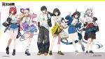  1boy 5girls animal_ears arcane_(arknights) arknights arknights:_endfield bag belt bird_ears bird_girl black_bag black_hair black_jacket black_shoes black_skirt blonde_hair blue_jacket blue_shorts blue_skirt bottle casual chen_qianyu_(arknights) closed_mouth commentary_request curled_horns cutoffs demon_girl demon_horns demon_tail denim denim_jacket denim_shorts denim_skirt dragon_girl dragon_horns dragon_tail endministrator_(arknights) exposed_pocket facial_mark female_endministrator_(arknights) finger_heart forehead_mark full_body gradient_hair grey_bag grey_eyes grey_skirt hair_intakes highres holding holding_bottle horns jacket jewelry laevatain_(arknights) layered_skirt liino_(arknights) long_hair looking_at_viewer male_endministrator_(arknights) midriff multicolored_hair multiple_girls necklace nishiki_kazue official_art open_clothes open_jacket open_mouth parted_bangs pink_jacket plaid_clothes plaid_skirt pointy_ears purple_bag purple_eyes red_hair red_skirt shirt shoes short_hair shorts shorts_rolled_up shoulder_bag simple_background skirt socks star-shaped_pupils star_(symbol) surtr_(arknights) symbol-shaped_pupils tail tied_shirt uniqlo very_long_hair white_shirt white_shoes white_socks yellow_shirt 