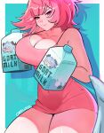  1girl absurdres alternate_costume blush breasts capella2d cleavage closed_mouth collarbone cowboy_shot dress drink_carton ganyu_(genshin_impact) genshin_impact highres holding holding_drink_carton holding_milk_carton large_breasts looking_at_viewer lucia_elowen medium_hair milk_carton pink_dress pink_hair pointy_ears purple_eyes remielle_dan sleeveless sleeveless_dress smile solo white_wings wings zenless_zone_zero 