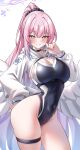  1girl absurdres angel_wings blue_archive blue_one-piece_swimsuit breasts choker commentary covered_navel feathered_wings hair_bun hair_ornament hair_scrunchie halo highleg highleg_one-piece_swimsuit highres large_breasts long_hair looking_at_viewer low_wings mika_(blue_archive) one-piece_swimsuit pink_hair pink_halo ponytail reneua scrunchie skindentation solo swimsuit thigh_strap trinity_general_school_swimsuit white_wings wings yellow_eyes 