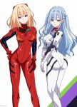  2girls absurdres ass ayanami_rei ayanami_rei_(cosplay) bang_dream! blonde_hair blue_hair bodysuit breasts chain's closed_mouth commentary cosplay english_commentary highres large_breasts long_hair mecha_pilot_suit medium_breasts medium_hair misumi_uika multiple_girls neon_genesis_evangelion plugsuit_(evangelion) red_bodysuit sidelocks simple_background souryuu_asuka_langley souryuu_asuka_langley_(cosplay) togawa_sakiko two_side_up white_background white_bodysuit yellow_eyes 