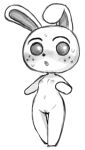 animal_crossing anthro aroused aroused_face aroused_female blush bodily_fluids breasts cartoon_freckles censored censored_genitalia censored_vulva chibi erect_nipples female freckled_face freckles genitals hi_res itimu lagomorph leporid mammal monochrome nintendo nipples rabbit ruby_(animal_crossing) small_breasts solo standing surprised sweat sweaty_face vulva