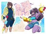  1boy 1girl aqua_bikini belt bikini black_belt blue_sandals blush bodysuit breasts brown_hair cheek_poking cleavage colored_skin colored_teeth commentary_request deltarune diving_suit drawing_on_sand drawstring furry furry_female genderswap genderswap_(otm) green_jacket harune_iruy highres holding holding_water_gun jacket kris_(deltarune) lancer_(deltarune) long_hair navel one_eye_closed open_clothes open_jacket partially_shaded_face poking purple_eyes purple_hair purple_skin ralsei red_eyes sand sandals short_hair susie_(deltarune) swimsuit toned toned_female utdr_(toby_fox) water_gun wetsuit yellow_teeth 